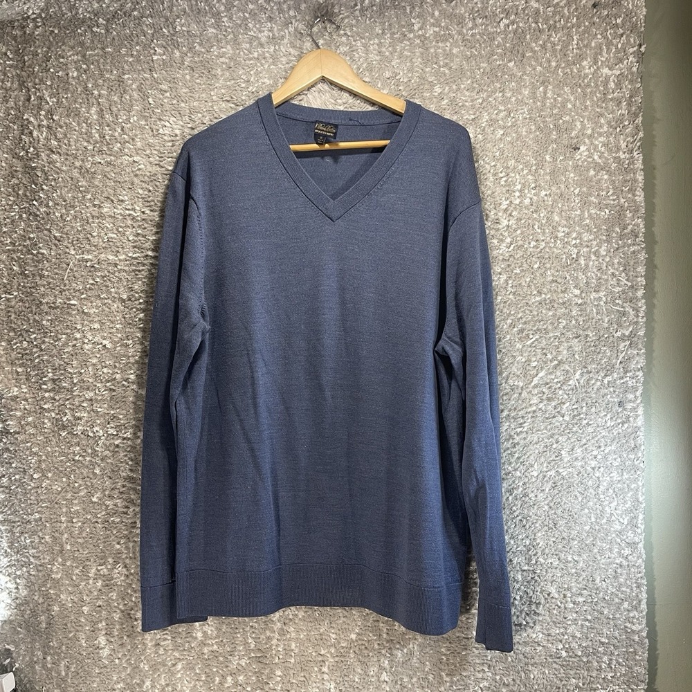 Brooks Brothers Brookstech Merino Wool Blue V Neck Sweater XL Preppy Academia